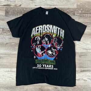 Aerosmith Tee Black Cotton 50 Years Boston Concert T-Shirt 2022 Rock Band